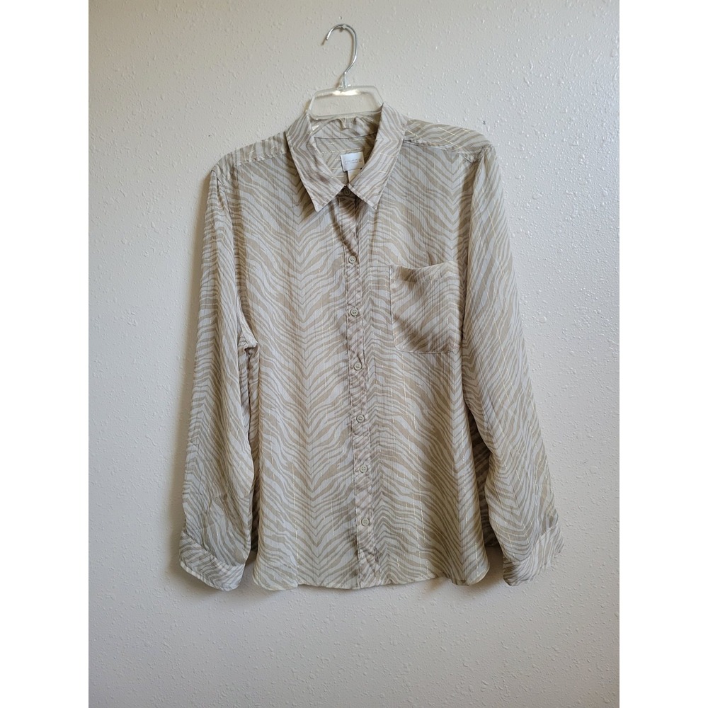 Chico's Women's Blouse Gold Accent Stripes Sheer Lightweight Tan Shirt Sz 3 - Picture 2 of 14